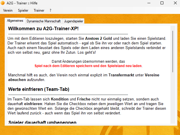Die im Trainer integrierte Hilfe