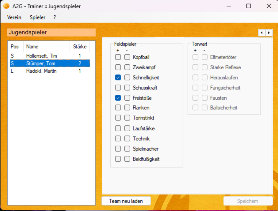 Fähigkeiten-Editor mit +/- Spalten am Beispiel eines Jugendspielers