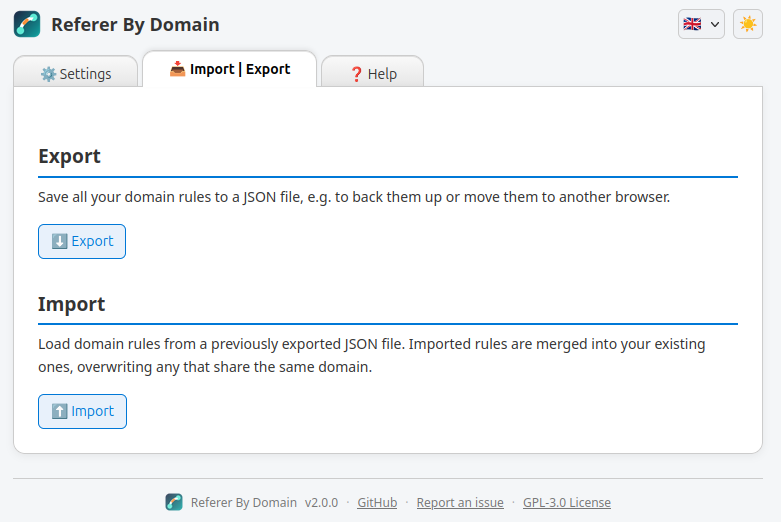 Import and export dialog for backing up settings as JSON