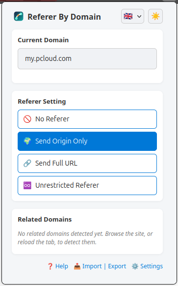 Popup showing the current domain's Referer mode and related domains, light theme