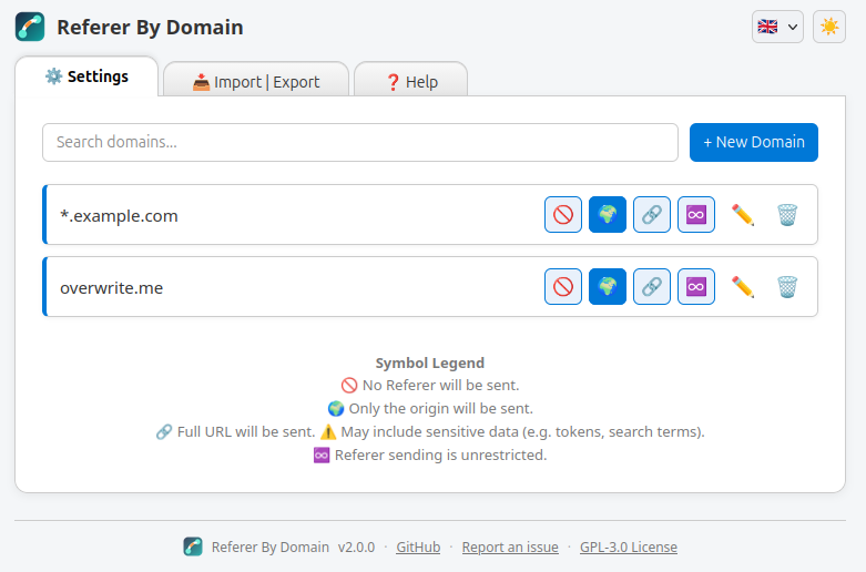 Options page listing configured domains and their Referer modes