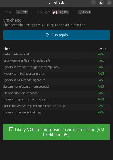 vm-check GUI in dark theme on a physical Linux host, all checks pass