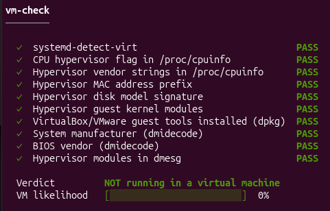 vm-check CLI output on a physical Linux host: every check PASSes, verdict NOT running in a virtual machine, 0% VM likelihood
