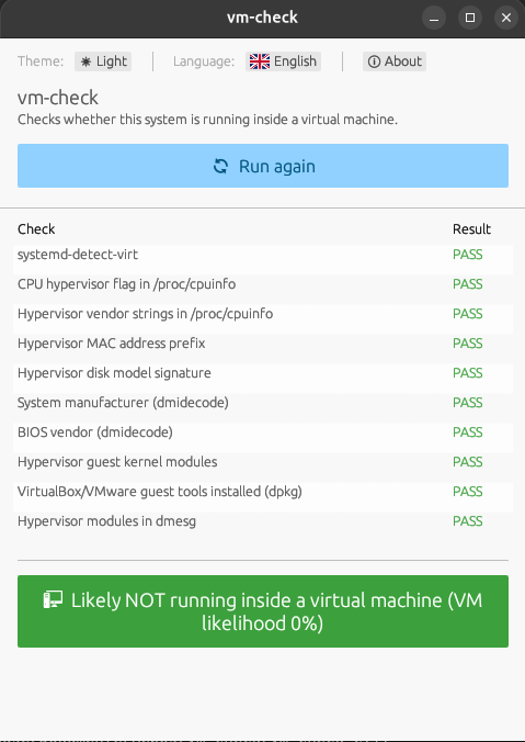 vm-check GUI in light theme on a physical Linux host, all checks pass