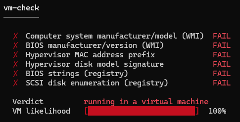 vm-check CLI output inside a Windows VM guest: every check FAILs, verdict running in a virtual machine, 100% VM likelihood