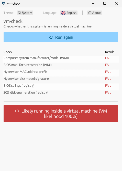 vm-check GUI on a Windows VM guest, all checks fail